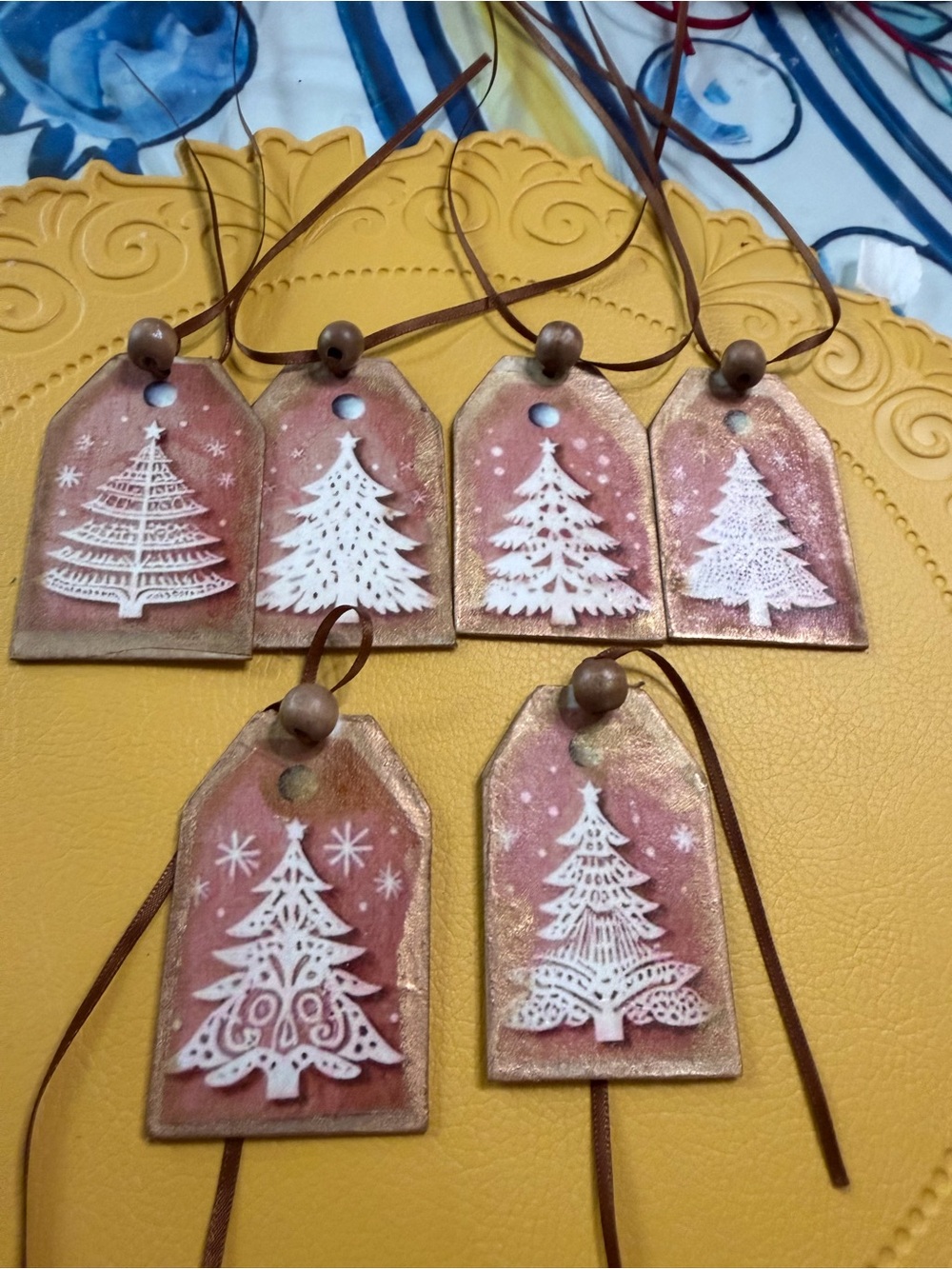 Handmade Holiday Tree Gift Tags - Set of 7 - White on Rose Gold
